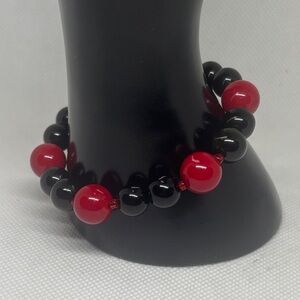 Black Obsidian and Red Coral Stretch Bracelet